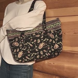 BUENO Black + Pink, Green & White FLORAL TOTE BAG/ PURSE 15" x 9.5"